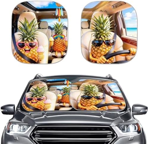 Renewold Car Front Windshield Sun Shade Auto Window Shade Foldable Sunshade Cover Sun Visor Shield Keep Vehicle Cool Funny Tropical Pineapple Easy Install Hawaii Summer Car Interior Accessories 2 Pcs
