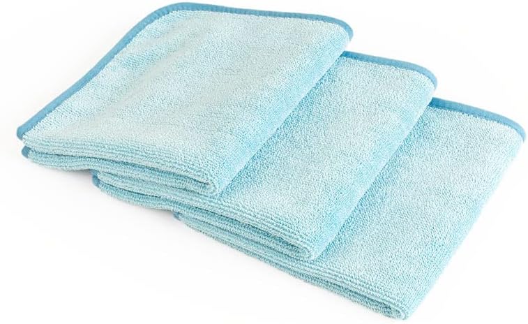 The Rag Company - Premium FTW - 70/30 Blend Microfiber Cleaning Towels for Glass, Windows, Mirrors, Polished Surfaces - Streak-Free - Scratchless, 16" x16' Light Blue (3-Pack)