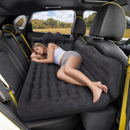 Back Seat Car Air Mattress: Inflatable SUV Car Camping Bed for Truck Van, Thickened Double-Sided Flocking Travel Car Sleeping Pad with Air Pump 2 Pillows