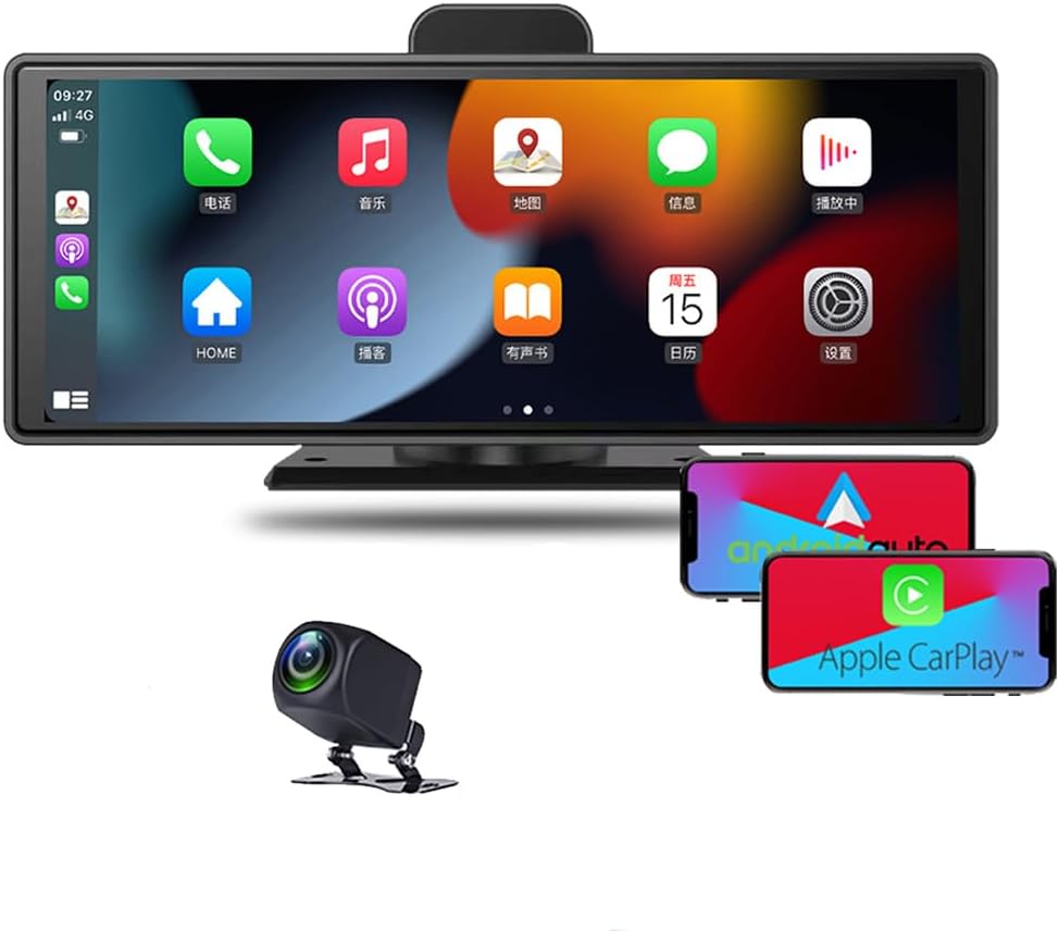 Eaglerich T97 10" Wireless Carplay & Android Auto Car Monitor with Backup Camera, Portable Touchscreen GPS Navigation, Bluetooth 5.0, FM Transmitter, AUX, Hands-Free Calling, Loop Recording