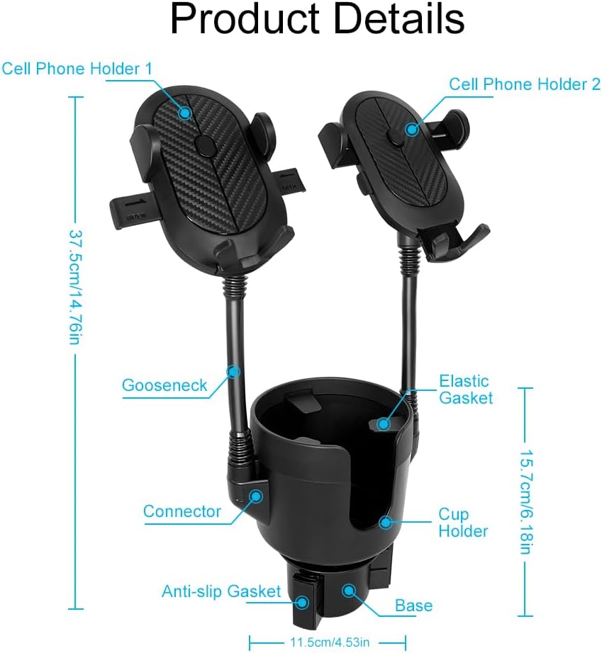 JINKEY Dual Cup Holder Phone Mount for Car，2-in-1 Adjustable Gooseneck Cradle with 360° Rotation Heavy Duty Universal Automobile Stand for Most 4"-6.7" i-Phone Mobile-Phone Holder