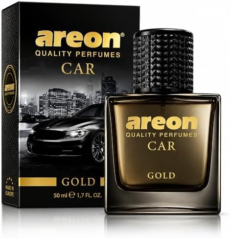 AREON Car Perfume Gold - Air Freshener in Glass Bottle - Luxury Odor Eliminator Spray with Absorber Hanging Pad - Unique Fragrance & Long-Lasting Aroma for Vehicle, Office, Home - Made in Europe, 50ml