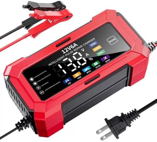 6 Amp Battery Charger, 12V Automatic Smart Battery Trickle Charger, Battery Maintainer Desulfator with Temperature Compensation for Car Truck Motorcycle Lawn Mower Marine