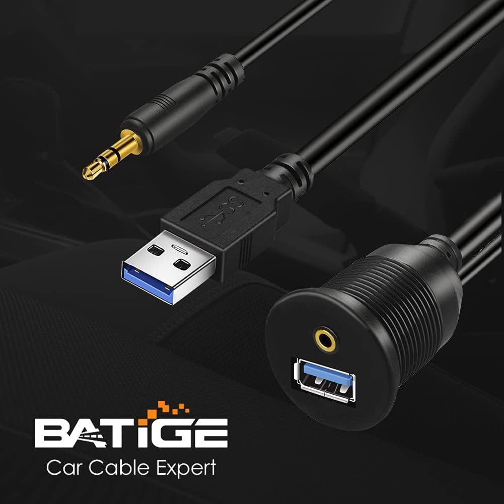 USB 3.0 & 3.5mm Car Mount Flush Cable 3.5mm + USB3.0 AUX Extension Dash Panel Waterproof Mount Cable for Car Boat and Motorcycle - 6ft