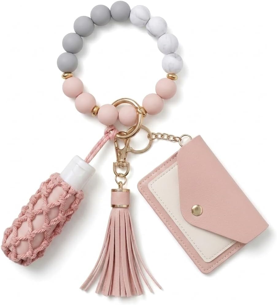 BIHRTC Silicone Key Ring Bracelets Wristlet Keychain Wallet with Net Chapstick Holder for Women