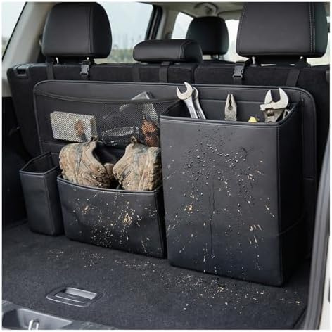Leather Car Trunk Organizer, 35'' × 17'' Auto Backseat Hanging Storage Bag with 1 Mesh Pocket & 3 Pockets, Foldable Vehicle Travel Organizer Accessories for Sedan, SUV, Truck, MPV (Black)