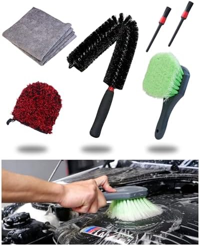 7PACK Car Engine Bay Details Cleaning Kit, Soft-bristled Engine Surface Brush,Long&Slim Bendable Brush, Edgeless Drying Towel,Finger Microfiber Applicator, Deep Cleans Engine Bay Hard to Reach Place