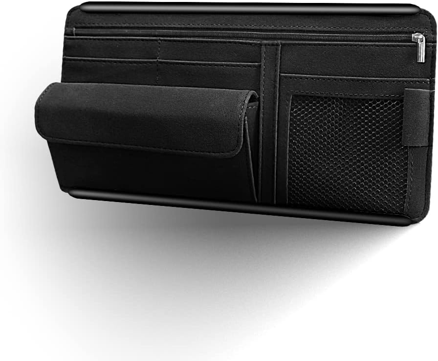 Car Sun Visor Organizer Glasses Case Storage Bag Note Holder Car Suede Zipper Card Hold Car Organizers and Storage (Black)