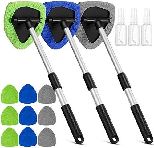 Tallew 3 Pcs Microfiber Car Windshield Cleaner Tool Car Interior Detailing Cleaning Kit with Extendable Handle and 9 Reusable Microfiber Pads Auto Glass Wiper Window Cleaning Kit for Home