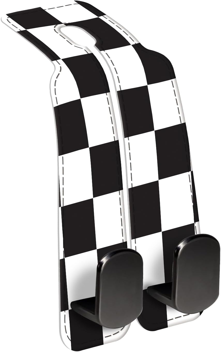 Car Seat Back Storage Headrest Hook, Premium Leather Double Metal Hook, Hanger Storage Organizer for Purse Cloth Bag, Car Interior Accessories Black White Plaid