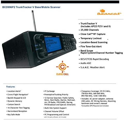 Uniden BCD996P2 Digital Mobile TrunkTracker V Scanner, 25,000 Dynamically Allocated Channels, Close Call RF Capture Technology, 4-Line Alpha Display, Base/Mobile Design, Phase 2