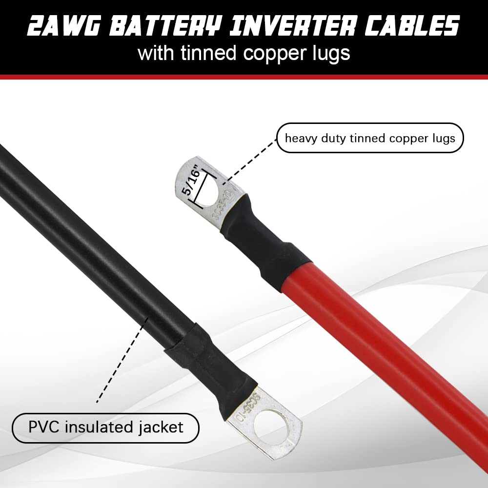 A ABIGAIL 2 AWG Battery Cable 2Gauge Pure Copper Battery Inverter Cables with 5/16 in Lugs Both Ends Power Inverter Wire Set for Automotive Solar Power Inverter Marine Boat RV Car Motorcycle (1FT)