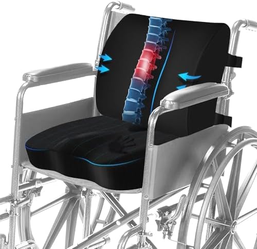 Wheelchair Cushion Set, Pressure Relief Seat Cushion with Lumbar Support, U-Shaped Design for Tailbone Comfort, Non-Slip Adjustable Straps, Breathable Removable Cover for Wheelchair Office Chair Car