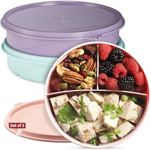 Snack Containers 3-Pack – 3-Compartment Round Snack Containers for Kids and Adults – Stackable Food Storage Containers with Lids – BPA-Free Dishwasher-Safe Snack Boxes for Kids Single Serving
