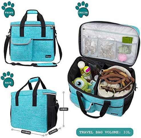 PetAmi Dog Travel Bag Organizer, Pet Travel Kit with 2 Food Containers & 2 Collapsible Dog Bowls, Pet Supplies Tote with Luggage Sleeve, Weekend Road Trip Camping Essentials, Teal Blue, Large