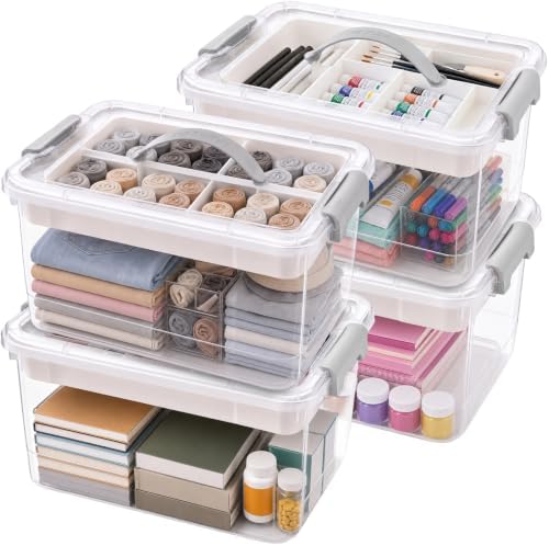 4 Packs 17 Qt Plastic Storage Bins Clear Storage Box with Lids Clear Plastic Latching Box Organizer Stackable Bin with Lid & Tray for Organizing Tool Arts Craft Crayon and Car Trunk