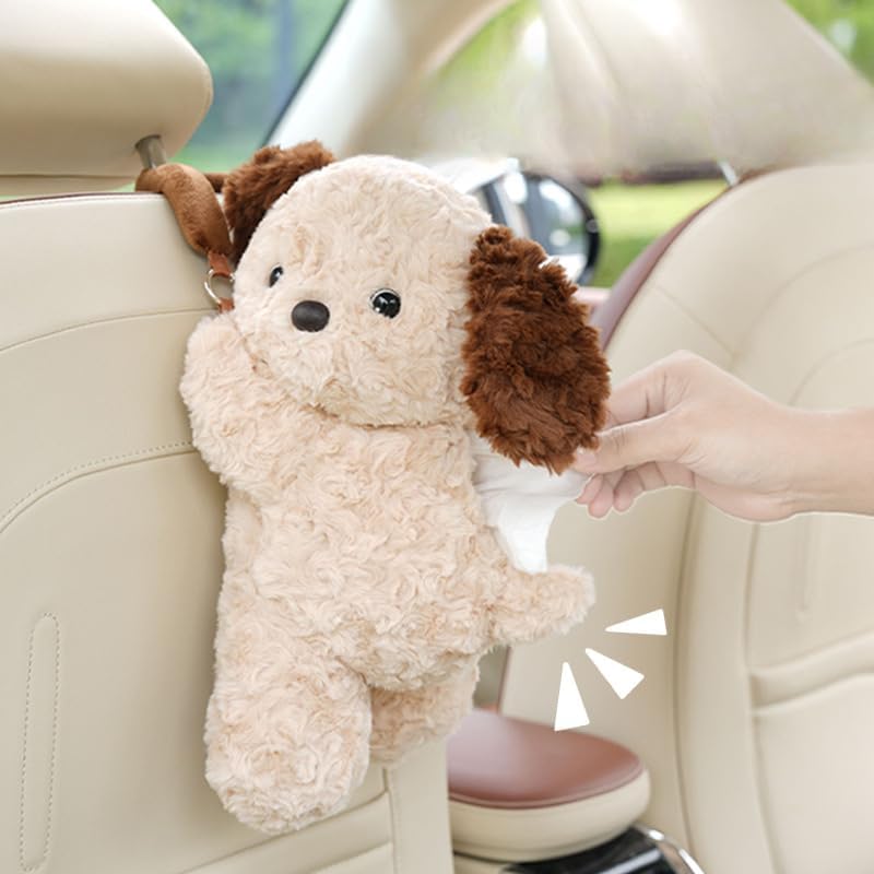 Plush Puppy Car Tissue Box Holder – Cute Crawling Dog Design, Hanging or Dashboard Use, Soft Style Organizer for Vehicle Interior (White Dog)