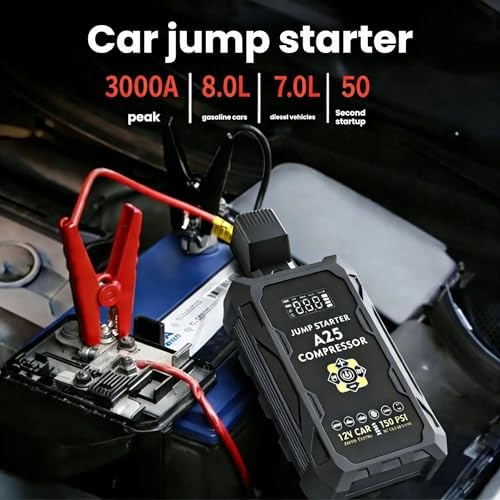 Portable Air Compressor for Car Tires with 3000A Jump Starter, 4-in-1 Emergency Kit with Tire Inflator, Battery Booster, Power Bank & SOS Flashlight, Cordless Electric Pump for Cars, Trucks