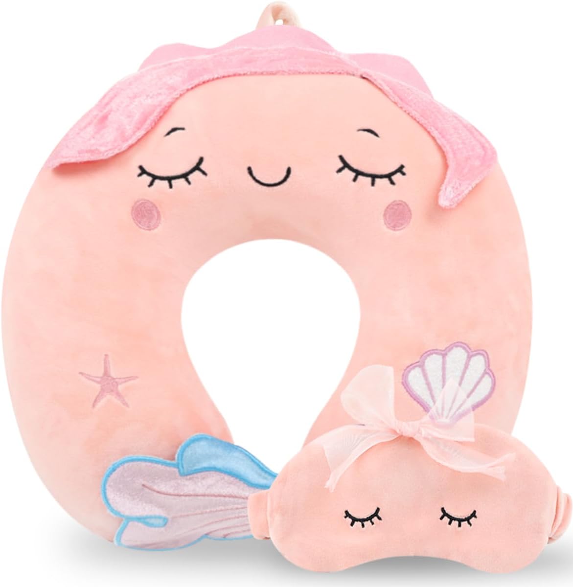 Travel Pillow, Travel Accessories for Car Airplane Traveling, Soft Memory Foam Kids Travel Pillow with Sleep Eye Mask Kids Neck Pillow for Boys & Girls - Cute Pink Mermaid