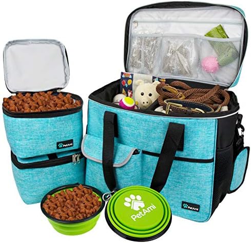 PetAmi Dog Travel Bag Organizer, Pet Travel Kit with 2 Food Containers & 2 Collapsible Dog Bowls, Pet Supplies Tote with Luggage Sleeve, Weekend Road Trip Camping Essentials, Teal Blue, Large