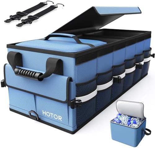 HOTOR Car Trunk Organizer - Trunk Organizer for SUV with Removable Cooler Bag, Foldable Cover, 3 Compartment Car Storage Essential Car Accessories for Truck, Van & Sedan, Blue, 33.1" x 12.6" x 11.0"