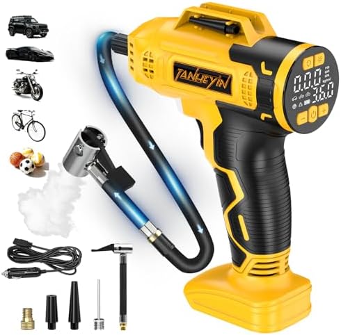 Portable Tire Inflator Air Compressor Compatible with Dewalt 20V Battery, DC 12V Car Power Supply, 160PSI Cordless Air Pump with LCD Pressure Gauge, LED Light, 5 Preset Modes for Car, Bike, Ball