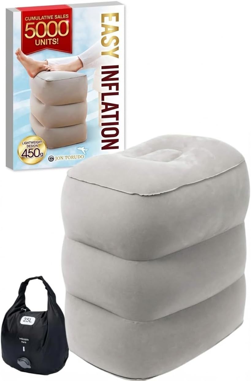 Inflatable Foot Rest for Airplane Travel - Adjustable Height Leg Pillow for Long Flights - Portable Travel Footstool with Pump-Free Inflation Bag - Car & Office Leg Rest Essentials