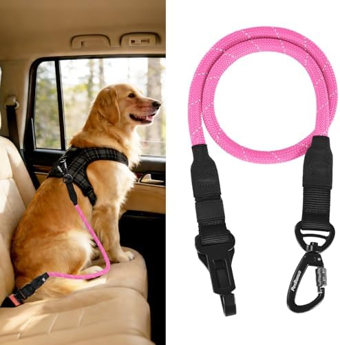 PetBonus Dog Seat Belt for Car, Durable Rope Dog Car Harness Seatbelt for Vehicle, Pet Tether Safety Restraint with Heavy Duty Buckle Hook Latch Lockable Clip for Small Medium Large Breeds (Pink)