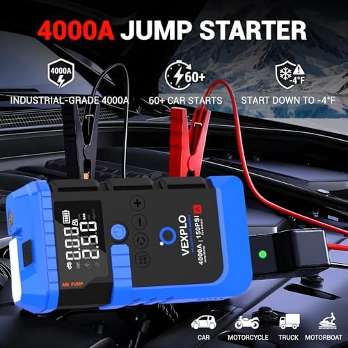 VEXPLO Jump Starter with Tire Inflator Portable Roadside Emergency Car Kit | 4000A Car Battery Jumper Start (9.0Gas/8LDiesel) 150PSI Auto-Off Tire Inflator 45W Fast Charger 8-in-1 Emergency Roadside Kit
