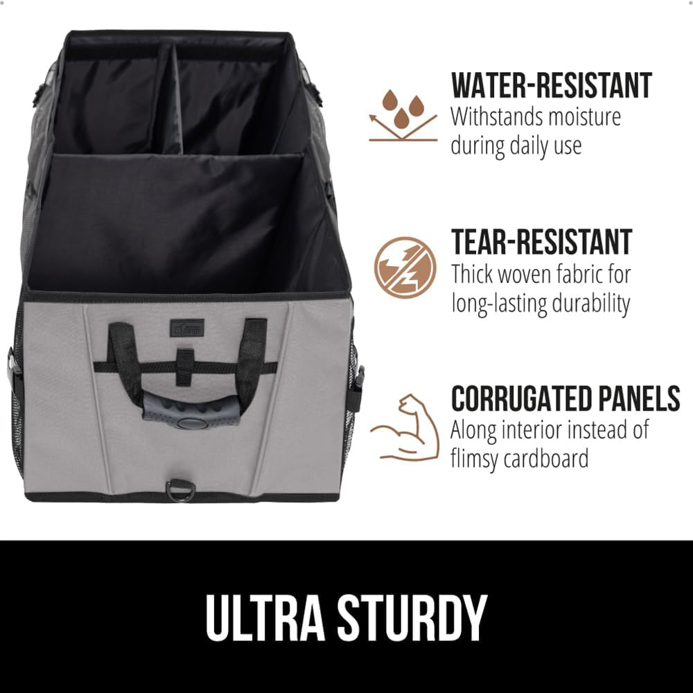 GORILLA GRIP Trunk Organizer for SUV and Cars, Large Capacity Collapsible Car Trunk Storage Organizer, Heavy Duty Car Accessories, Gifts for Mom and Dad, Slip & Water Resistant Multi Compartment Gray
