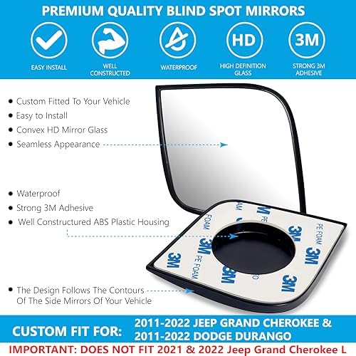 Convex Stick On Custom Fitted Blind Spot Mirrors Compatible With 2011-2022 Jeep Grand Cherokee & 2011-2022 Dodge Durango