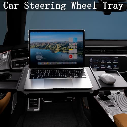 HZGAMER 2-in-1 Large Car Steering Wheel Tray & Backseat Headrest Table, Adjustable Laptop Desk with Phone Holder and Extendable Side Trays for Eating, Writing, SUVs and Trucks, Black