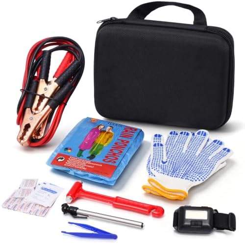 Car Emergency Kit with Jumper Cables, Gloves, Rainwear, Tire Gauge and Headlamp, Roadside Safety Kit for Vehicles with Reflective Vest and Safety Accessories