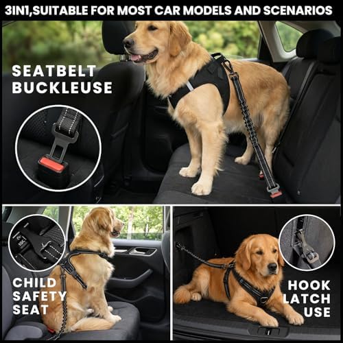 Dog Car Seat Belt 3-in-1, Escape Proof Dog Seatbelt for Car, Adjustable Pet Seat Belt with Shock Absorbing Bungee, Heavy Duty Dog Safety Belt for Small Medium Large Dogs, Black
