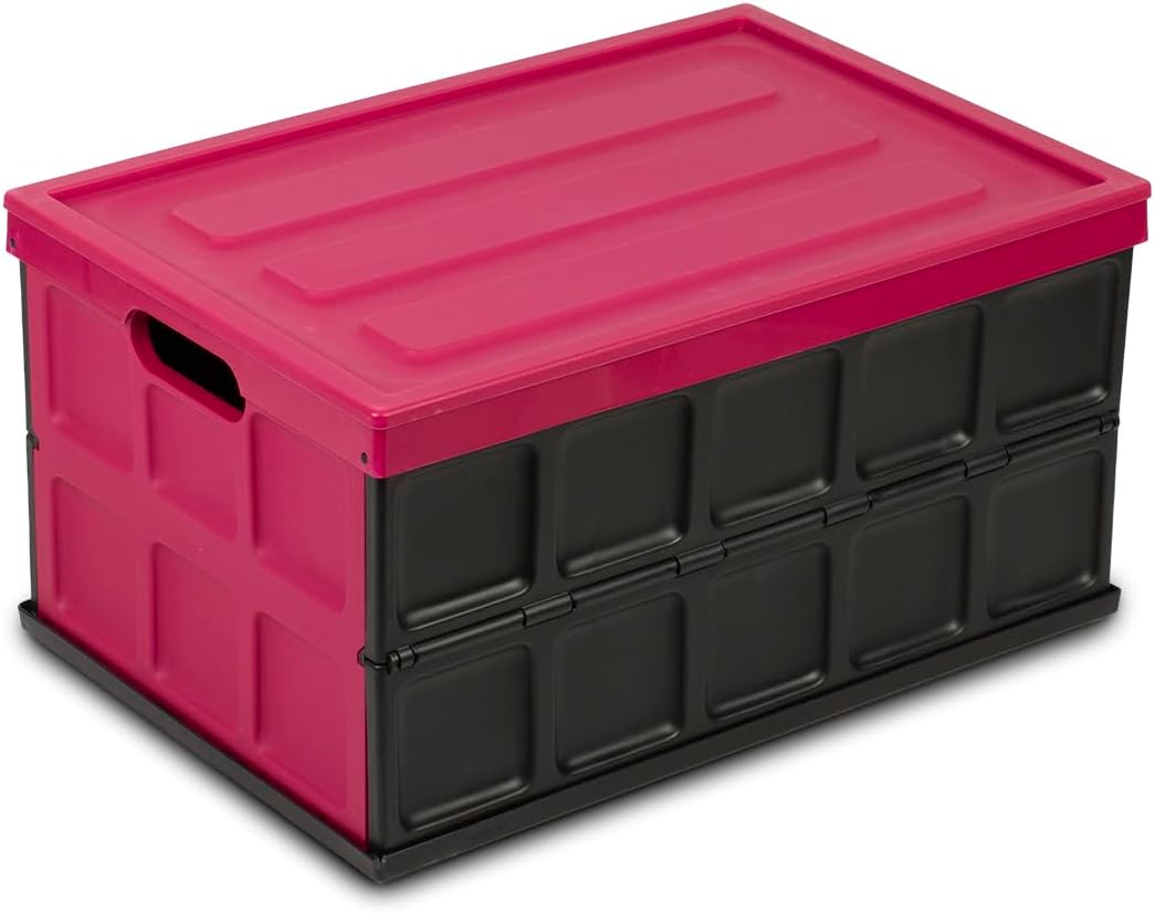Glad Collapsible Storage Bin with Lid - 48L Foldable Plastic Box for Garage, Car Trunk, and Organization - Stackable Lidded Container with Handles, Purple