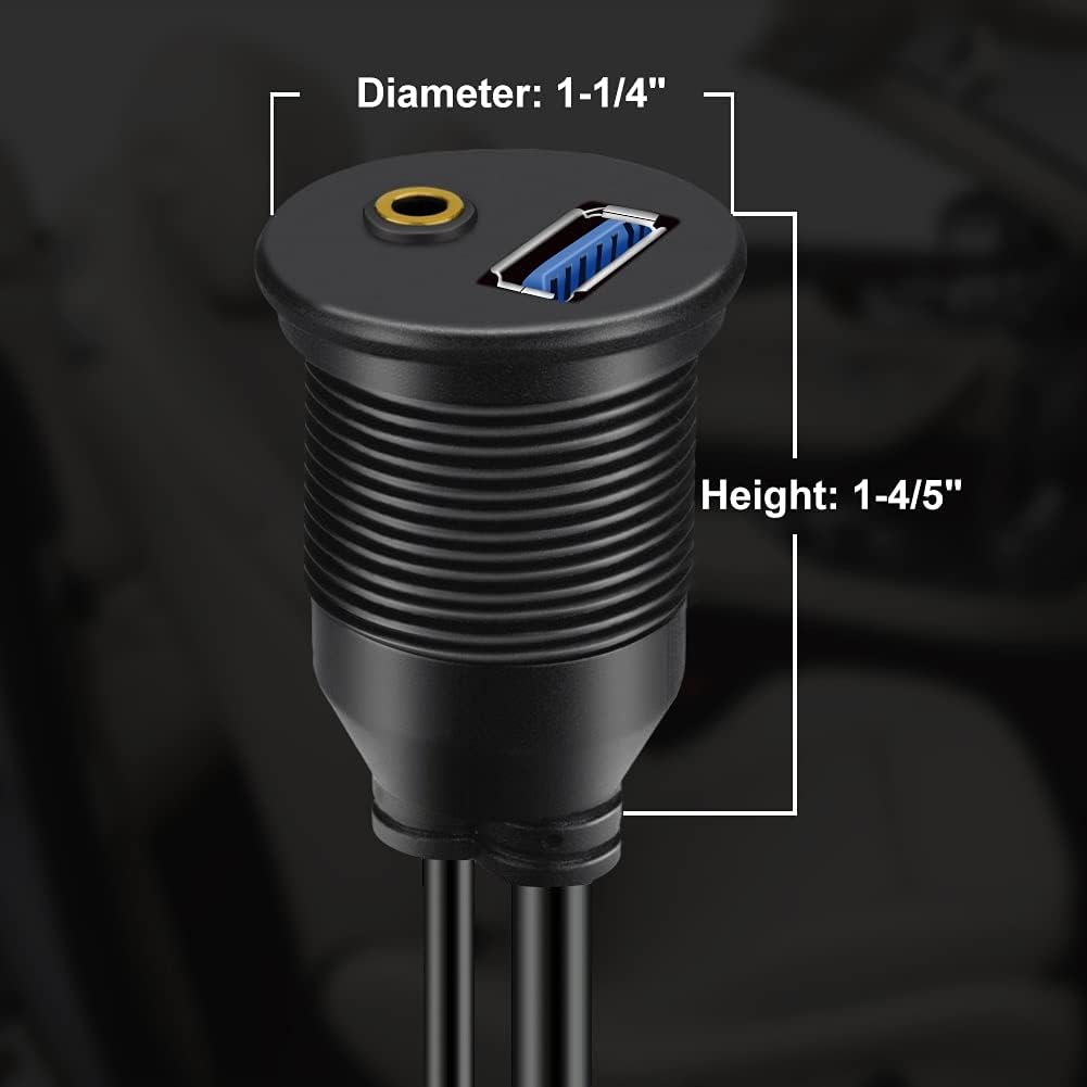 USB 3.0 & 3.5mm Car Mount Flush Cable 3.5mm + USB3.0 AUX Extension Dash Panel Waterproof Mount Cable for Car Boat and Motorcycle - 6ft