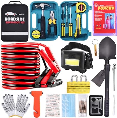 Emergency Roadside Kit for Car, Safety Kits for Cars With Jumper Cables | Premium Roadside Assistance Kit for Cars Headlamp Folding Shovel Safety Hammers Tow Rope Gifts for New Drivers Car Tool Kit