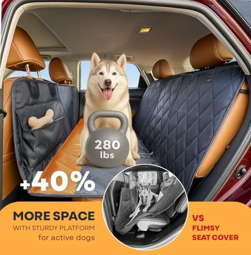 APetsPlanet Dog Car Seat Cover for Back Seat Hard Bottom - Waterproof Backseat Extender for Dogs - Pet Hammock for Car, Truck, SUV - Protector Bed with Mesh Window & Storage - Black, No Door Covers