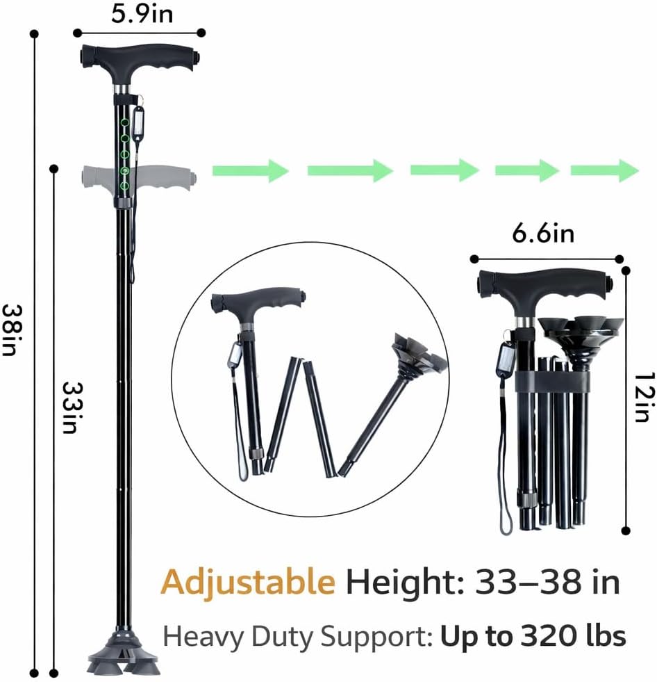 Folding Walking Cane for Seniors, Second Handle, Quad Base