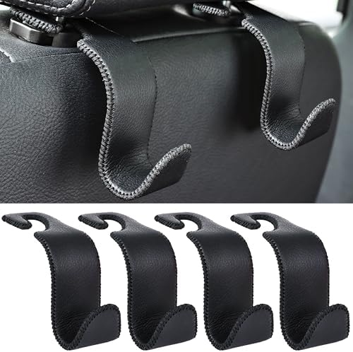 Amooca Car Seat Headrest Hook 4 Pack Metal Core Hanger Universal Car Storage Organizer for Handbag Purse Coat S Type Leather Black