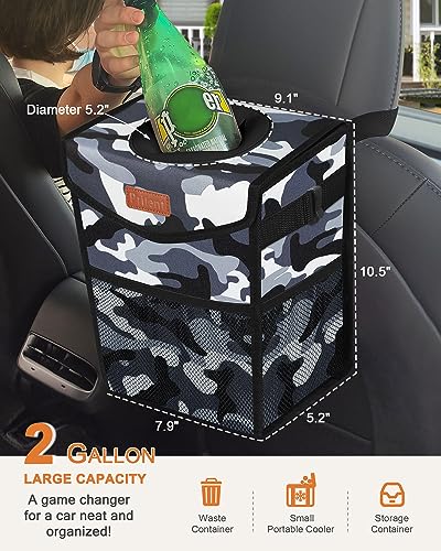 Pritent Car Trash Can with Lid, Cute Leakproof Car Trash Garbage Bag Hanging Vehicle Trash Bin Small Portable Automotive Garbage Cans Organizer for Back/Front Seat/Console(Trapezoid,Camo Grey)