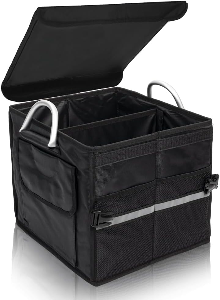 Small Trunk Organizer With Lid, For SUV Car Truck, Black 28L, Foldable Waterproof Oxford Fabric, 2-Compartments With Aluminium Alloy Handle