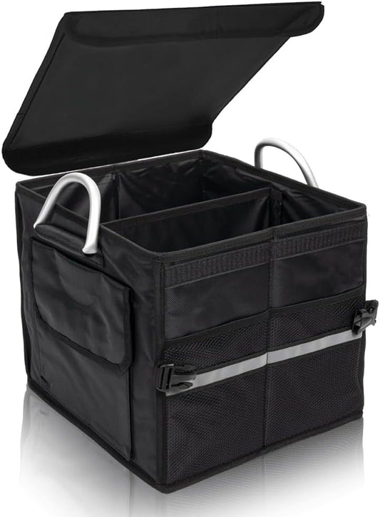 Small Trunk Organizer With Lid, For SUV Car Truck, Black 28L, Foldable Waterproof Oxford Fabric, 2-Compartments With Aluminium Alloy Handle