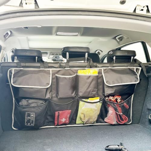 Car Back Seat Trunk Organizer Hanging Bag, Car Interior Organizer Accessories with 4 Pockets and 4 Mesh Pouches,Save More Storage Trunk Space for SUV,Jeep,MPV