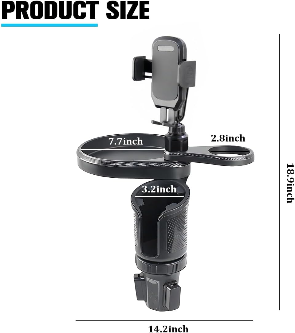 Car Cup Holder Tray, 3 in 1 Multifunctional Vehicle Food Water Bottle Phone Holder Expander Adapter with Adjustable Base, Detachable Auto Interior Food Tray Table, Universal Fit (Black)