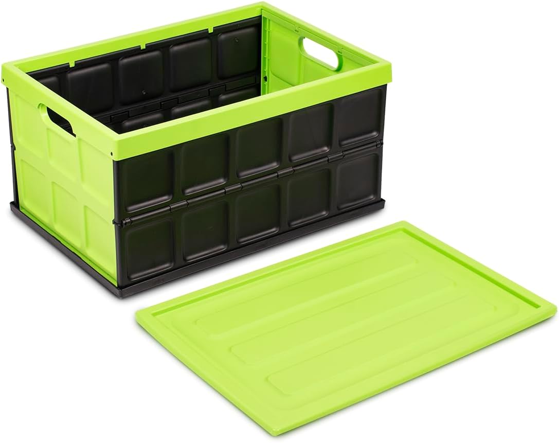 Glad Collapsible Storage Bin with Lid - 48L Foldable Plastic Box for Garage, Car Trunk, and Organization - Stackable Lidded Container with Handles, Green