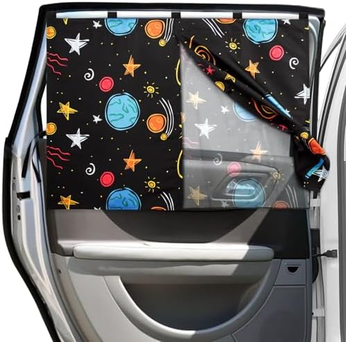 Car Window Shades, 2 Packs Magnetic Car Sun Shades for Baby, 2 Layers for Blackout/See Through Options Colorful Starry Pattern Side Window Curtain for Kids Heat/UV Blocker