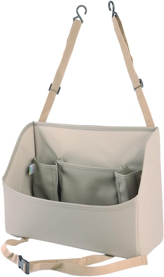 Viaviat Car Handbag Purse Holder Between Seats Leather Car Front Seat Storage Bag Large Capacity Car Organizers for Book Document Phone Bottle Tissue Toy (Beige Style-1)
