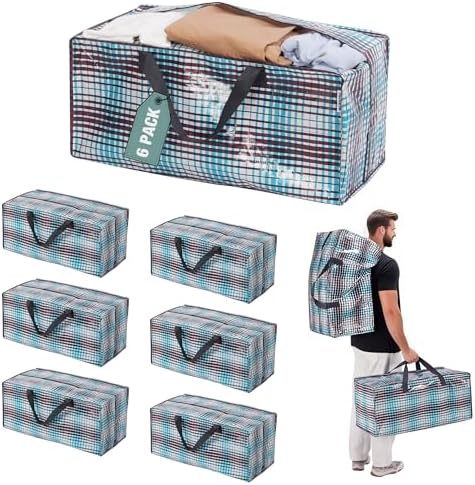 WORKPRO 6 Pack Extra Large Moving Bags with Zippers & Carrying Handles Backpack Straps, Heavy-Duty Storage Tote for Space Saving & Storage, Alternative to Moving Box (Lattice Printing)