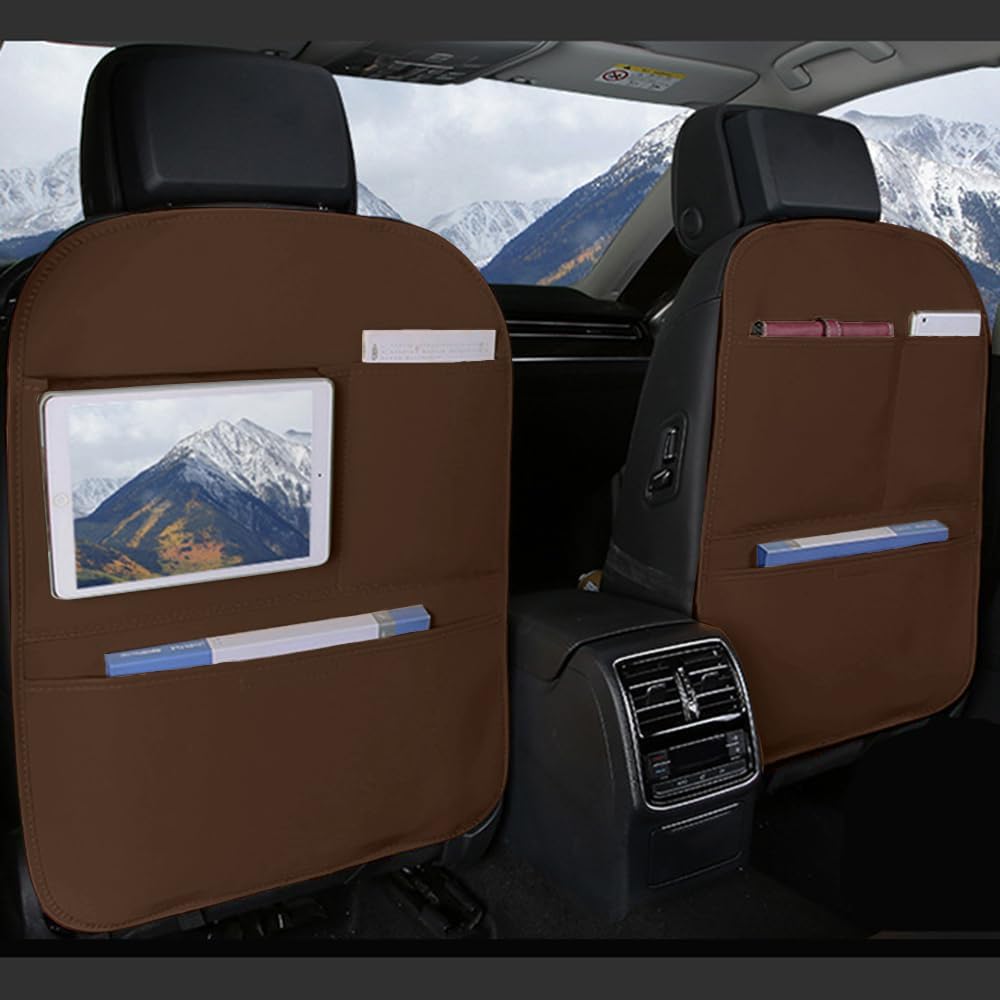 Kick Mat Back Seat Protector， Waterproof Leather Car Seat Back Organizers Cover with 3 Storage Pockets for Kids Pets SUV Sedan Minivan Truck Car Travel Accessories (Black 2-pack)